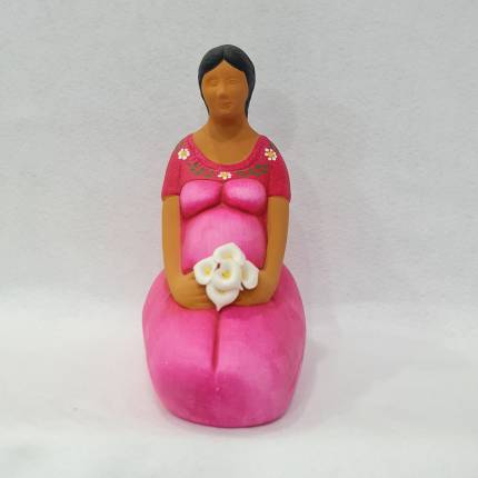 Statuina Donna Incinta 30 cm in Ceramica Messicana – Rosa e Viola