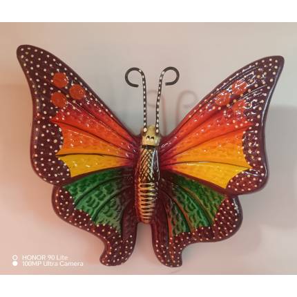 Farfalla da Parete 16 cm in Ceramica Messicana Dipinta a Mano – Arancione, Giallo e Verde