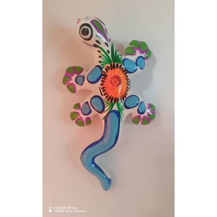 Geco da Parete 20 cm in Ceramica Messicana Dipinto a Mano – Bianco e Azzurro